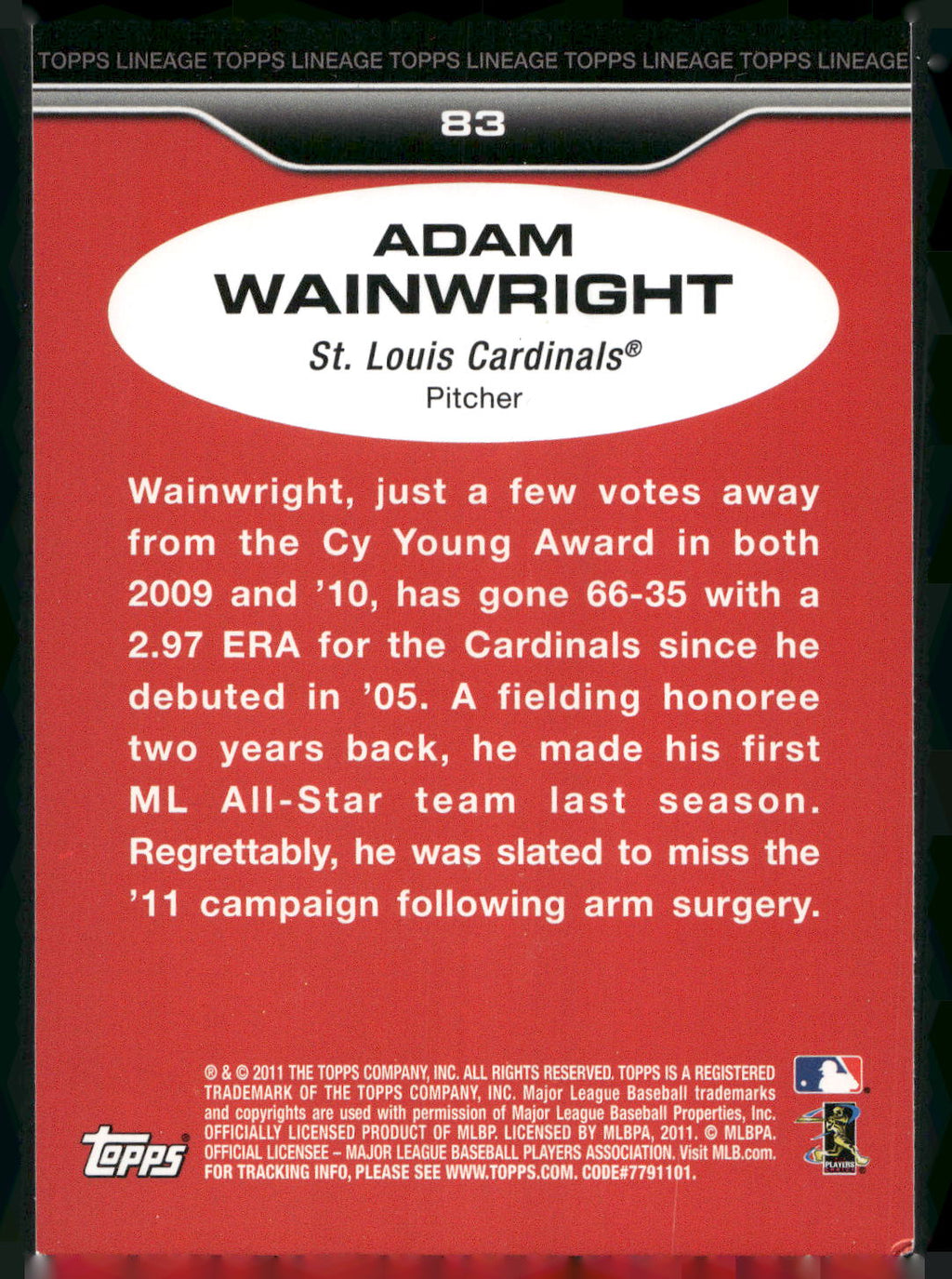 2011 Topps Lineage #83 Adam Wainwright