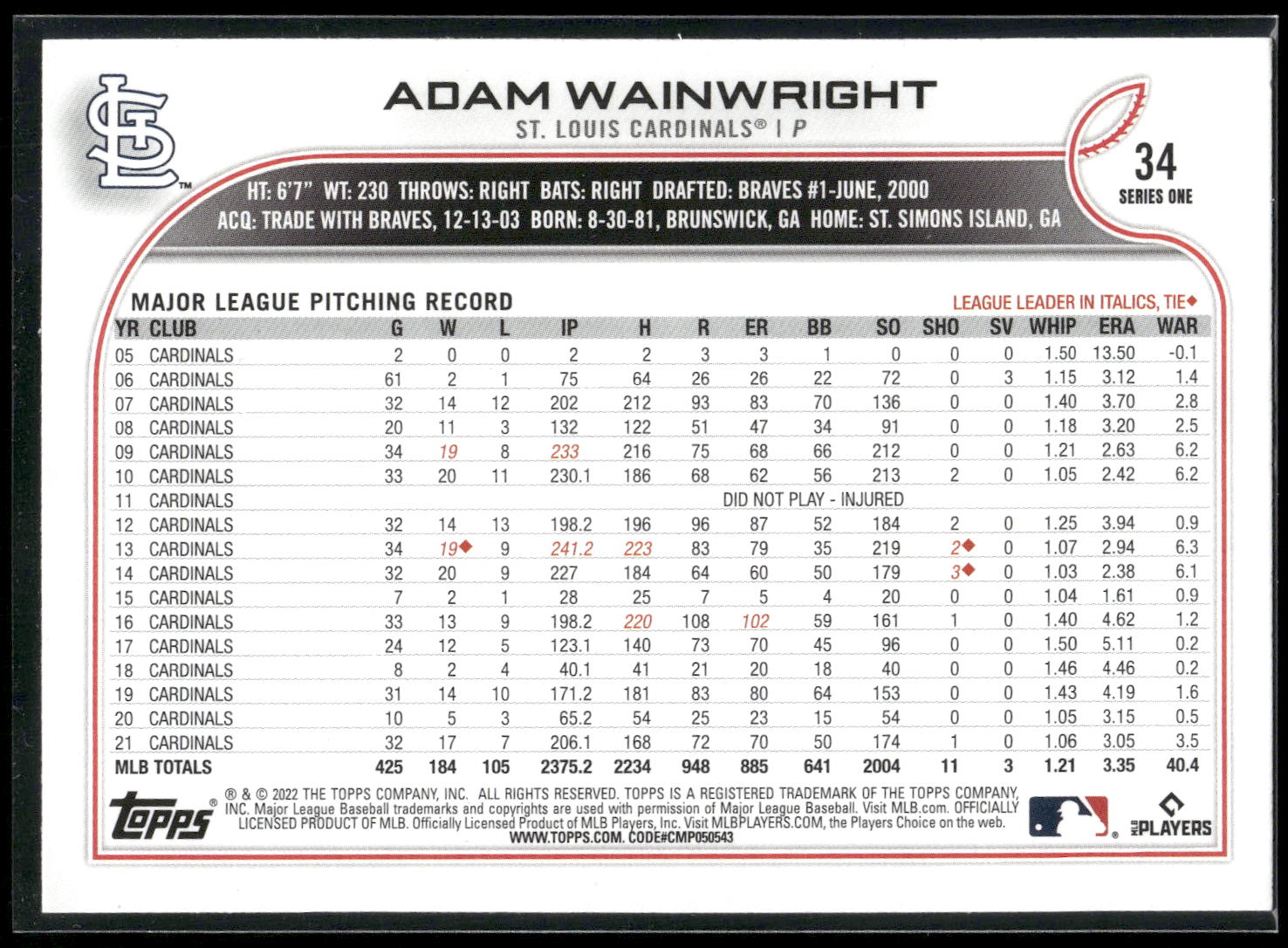 2022 Topps #34 Adam Wainwright