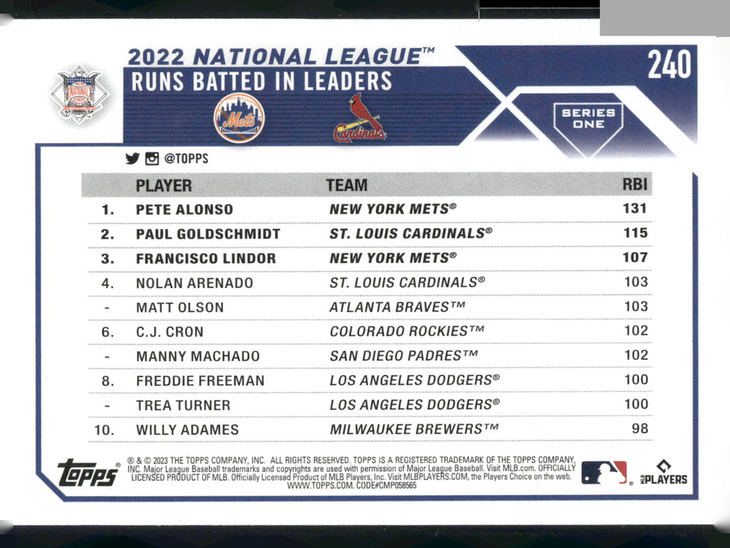 2023 Topps #240 (Pete Alonso / Paul Goldschmidt / Francisco Lindor)