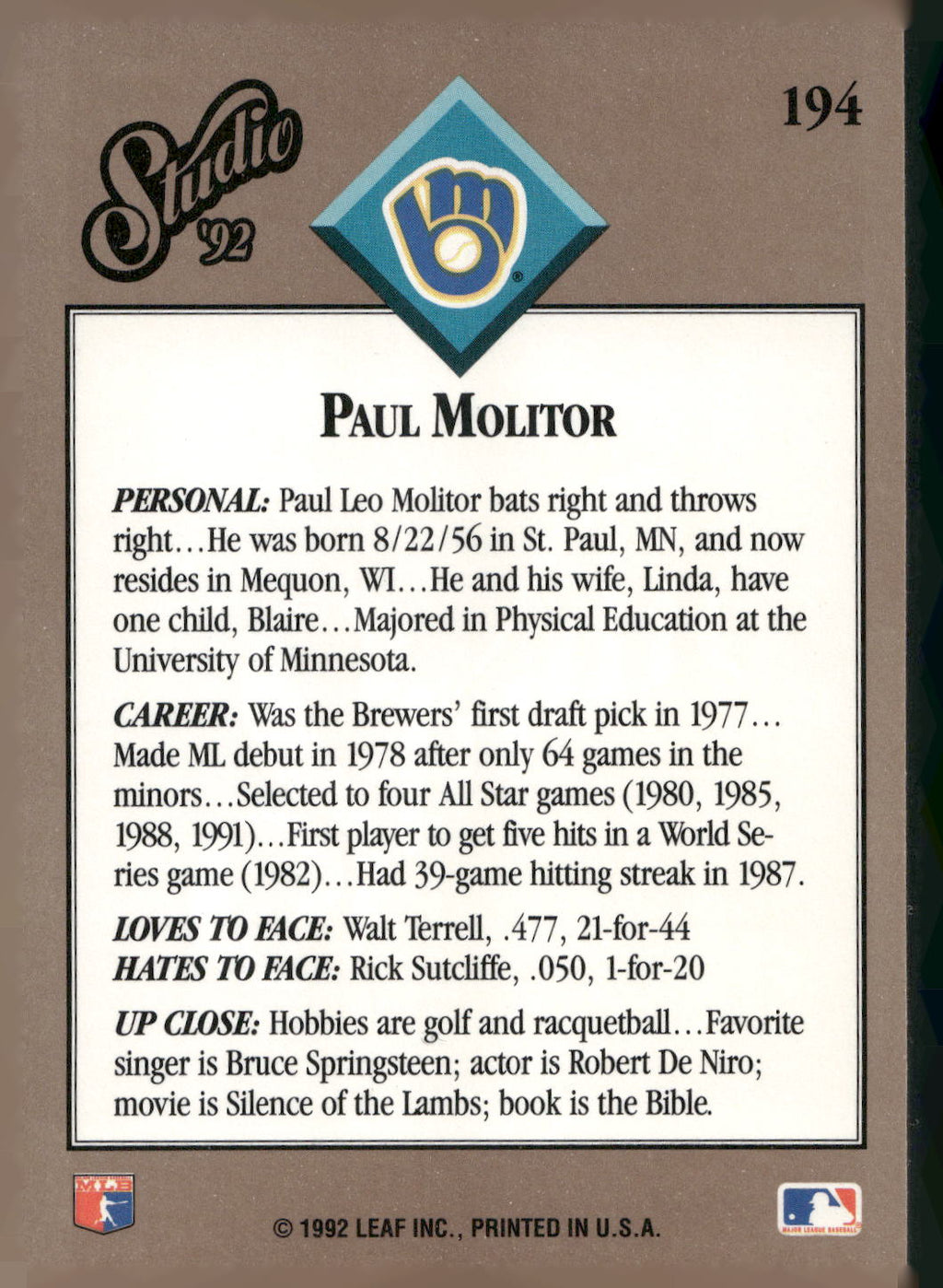 1992 Studio #194 Paul Molitor