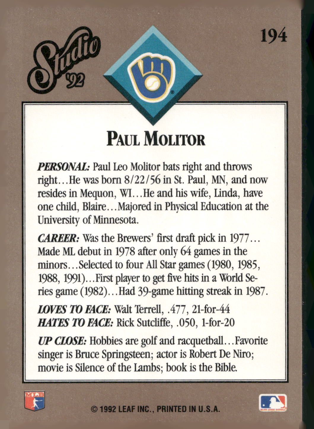 1992 Studio #194 Paul Molitor