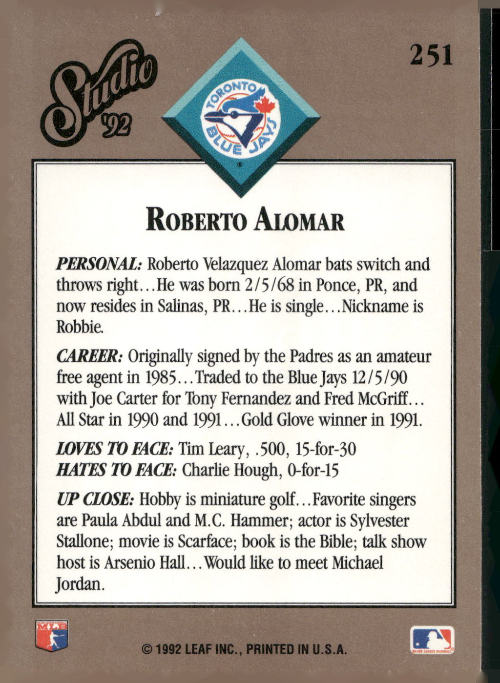 1992 Studio #251 Roberto Alomar