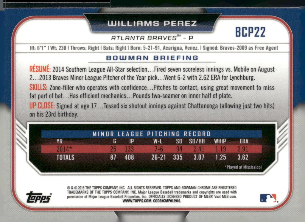 2015 Bowman #BCP22 Williams Perez Chrome Prospects