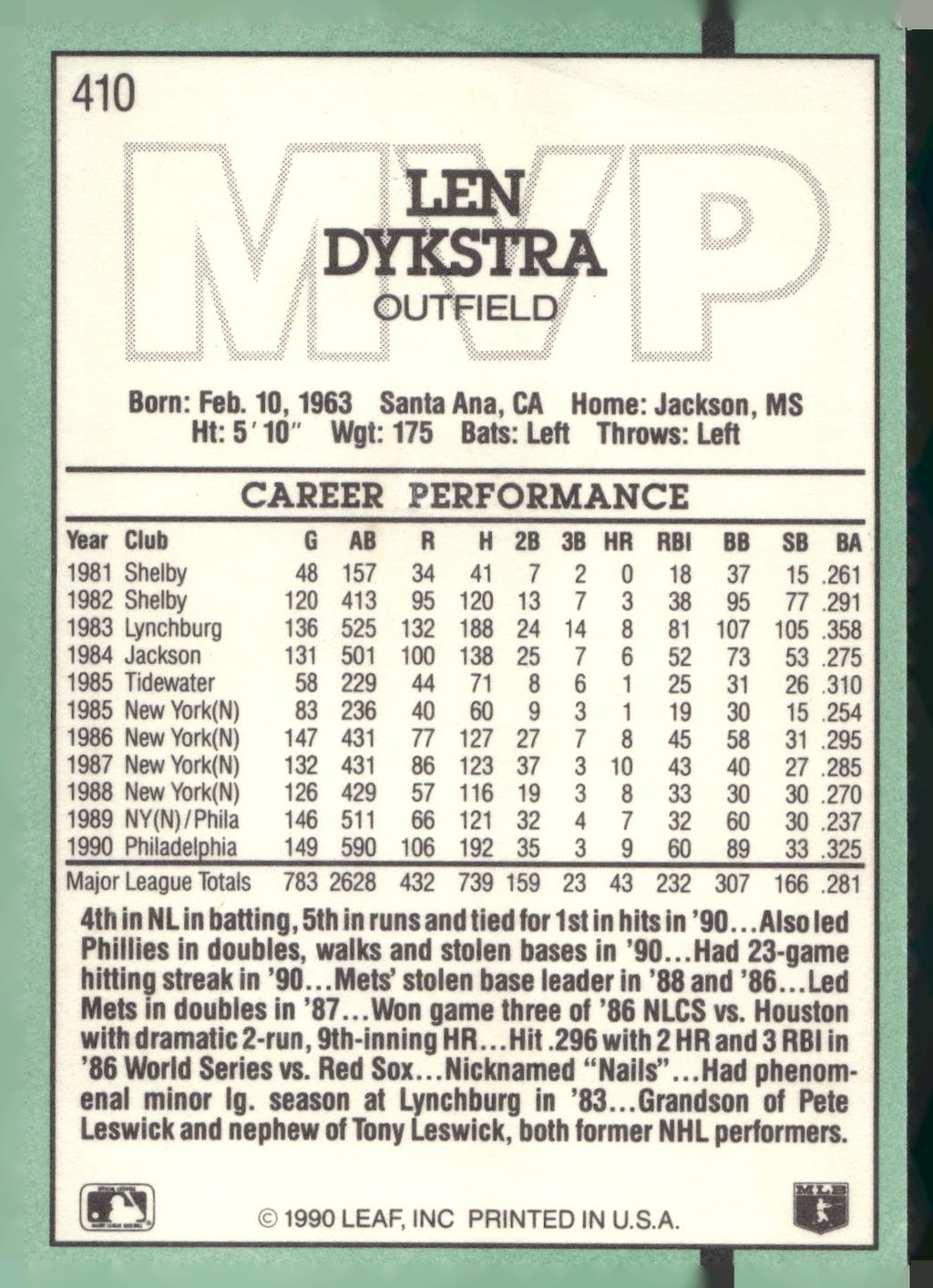 1991 Donruss #410 Len Dykstra