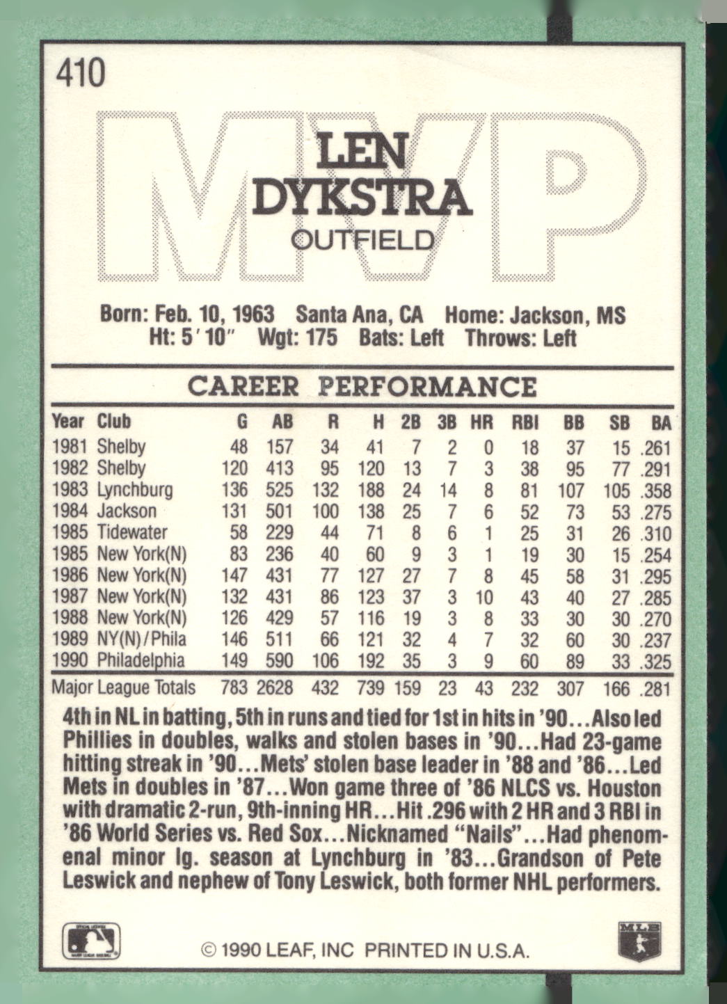 1991 Donruss #410 Len Dykstra