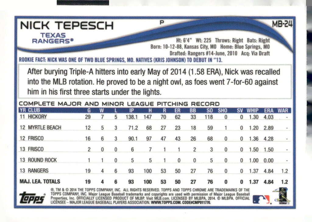 2014 Topps Chrome Update #MB-24 Nick Tepesch