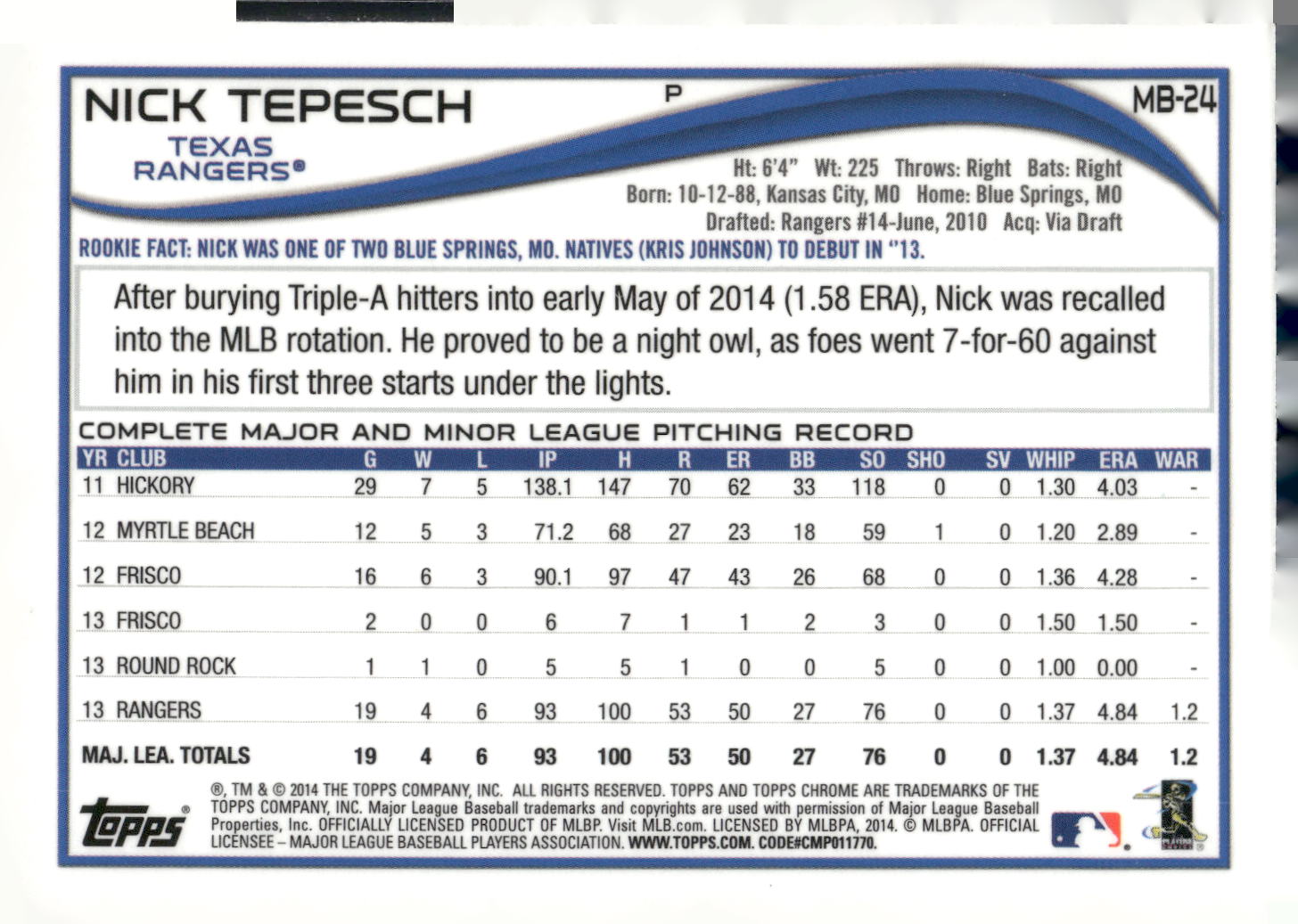 2014 Topps Chrome Update #MB-24 Nick Tepesch