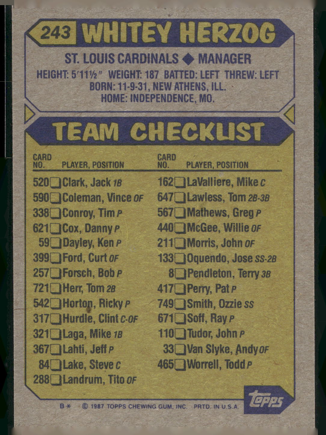 1987 Topps #243 Whitey Herzog