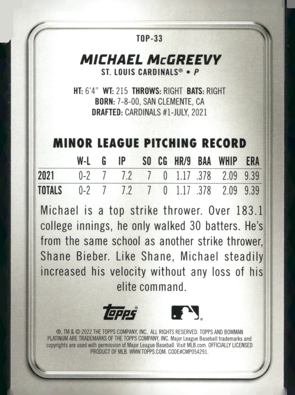 2022 Bowman Platinum #TOP-33 Michael McGreevy Top Prospects