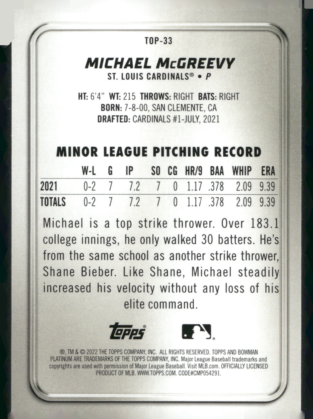 2022 Bowman Platinum #TOP-33 Michael McGreevy Top Prospects