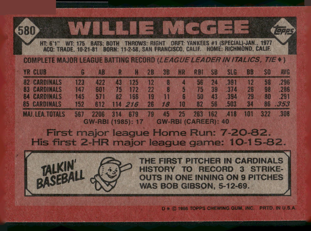 1986 Topps #580 Willie McGee