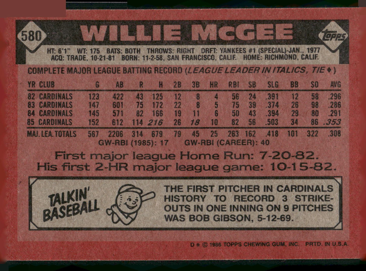 1986 Topps #580 Willie McGee