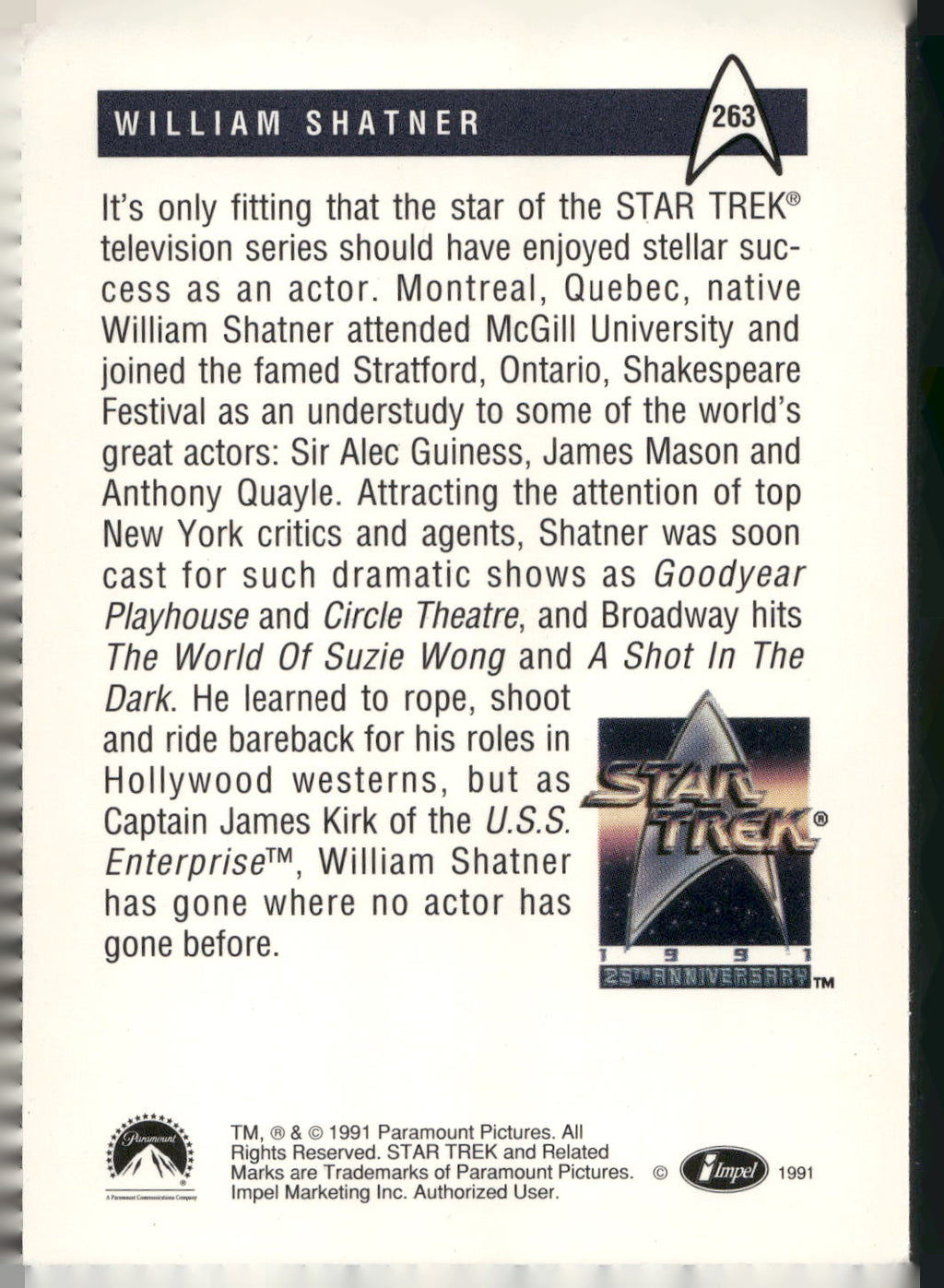 1991 Impel Star Trek 25th Anniversary Series 2 #263 William Shatner