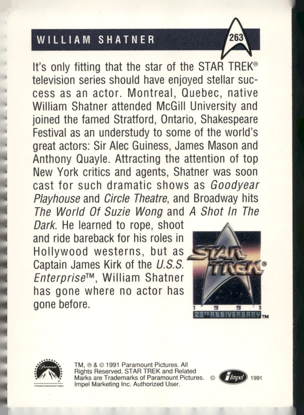 1991 Impel Star Trek 25th Anniversary Series 2 #263 William Shatner