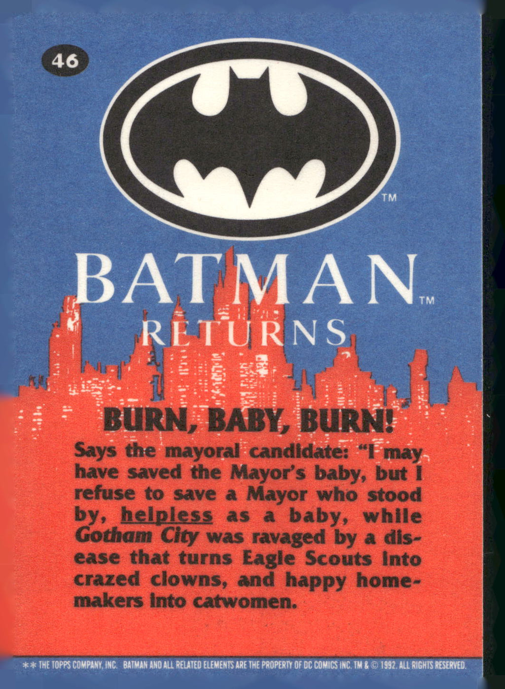 1992 Topps Batman Returns #46 Burn, Baby, Burn