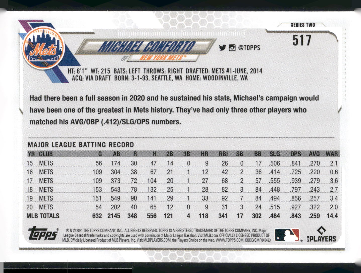 2021 Topps #517 Michael Conforto