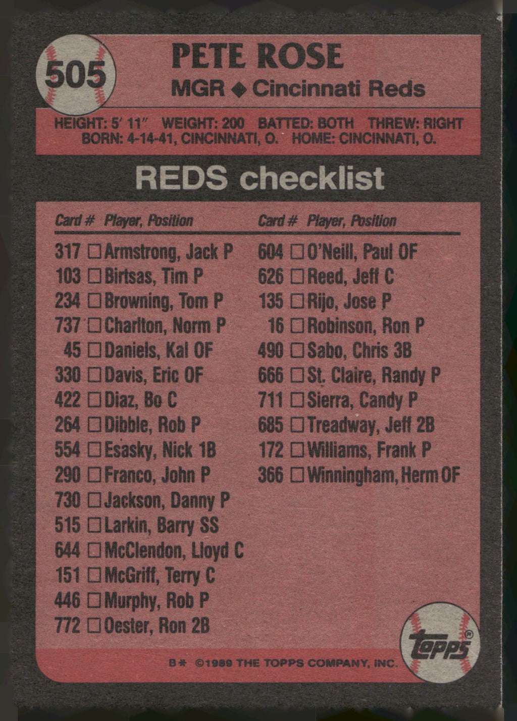 1989 Topps #505 Pete Rose