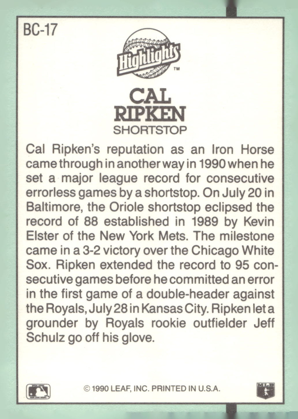 1991 Donruss #BC-17 Cal Ripken Jr. Bonus Cards