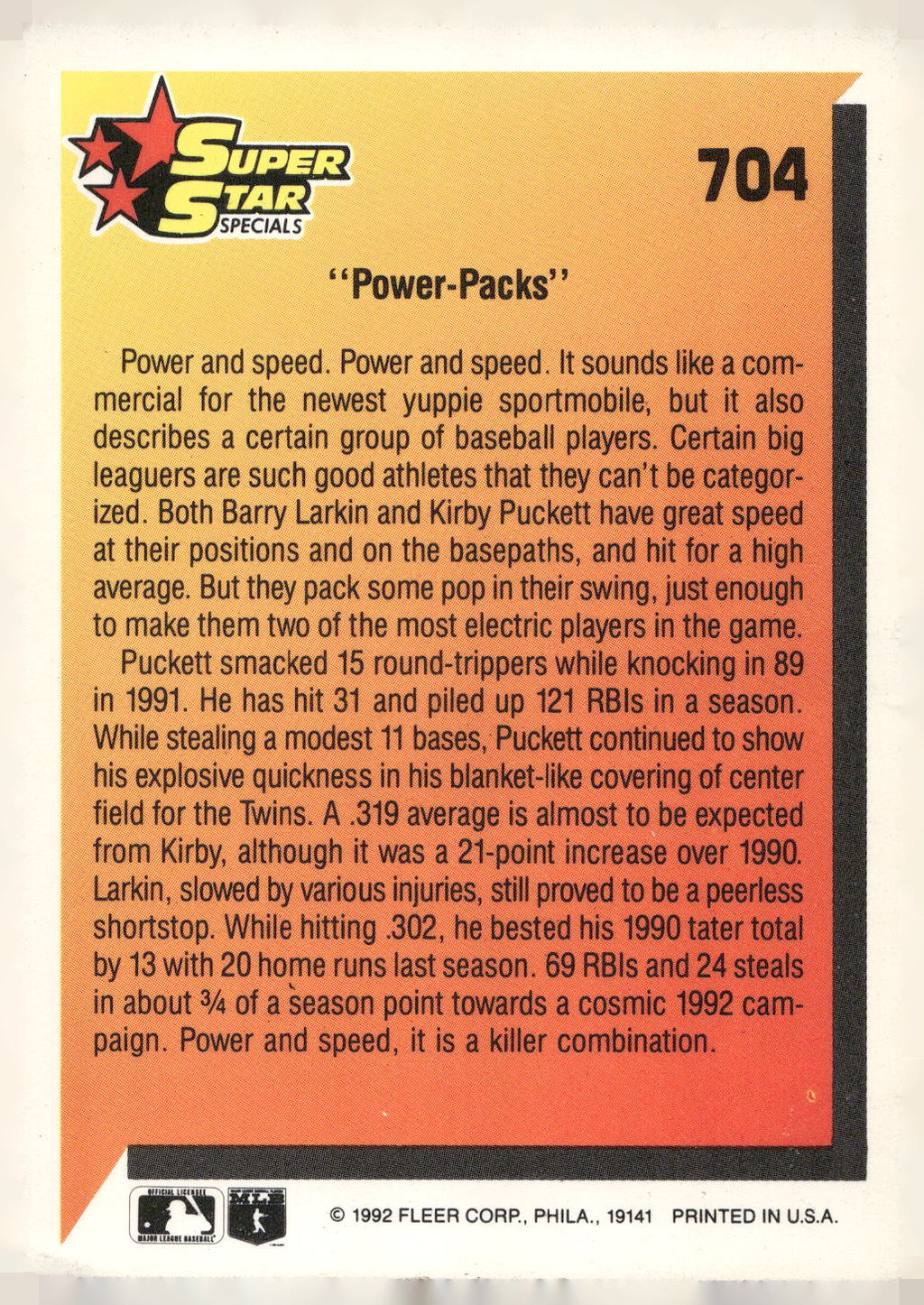 1992 Fleer #704 Power Packs (Barry Larkin / Kirby Puckett)