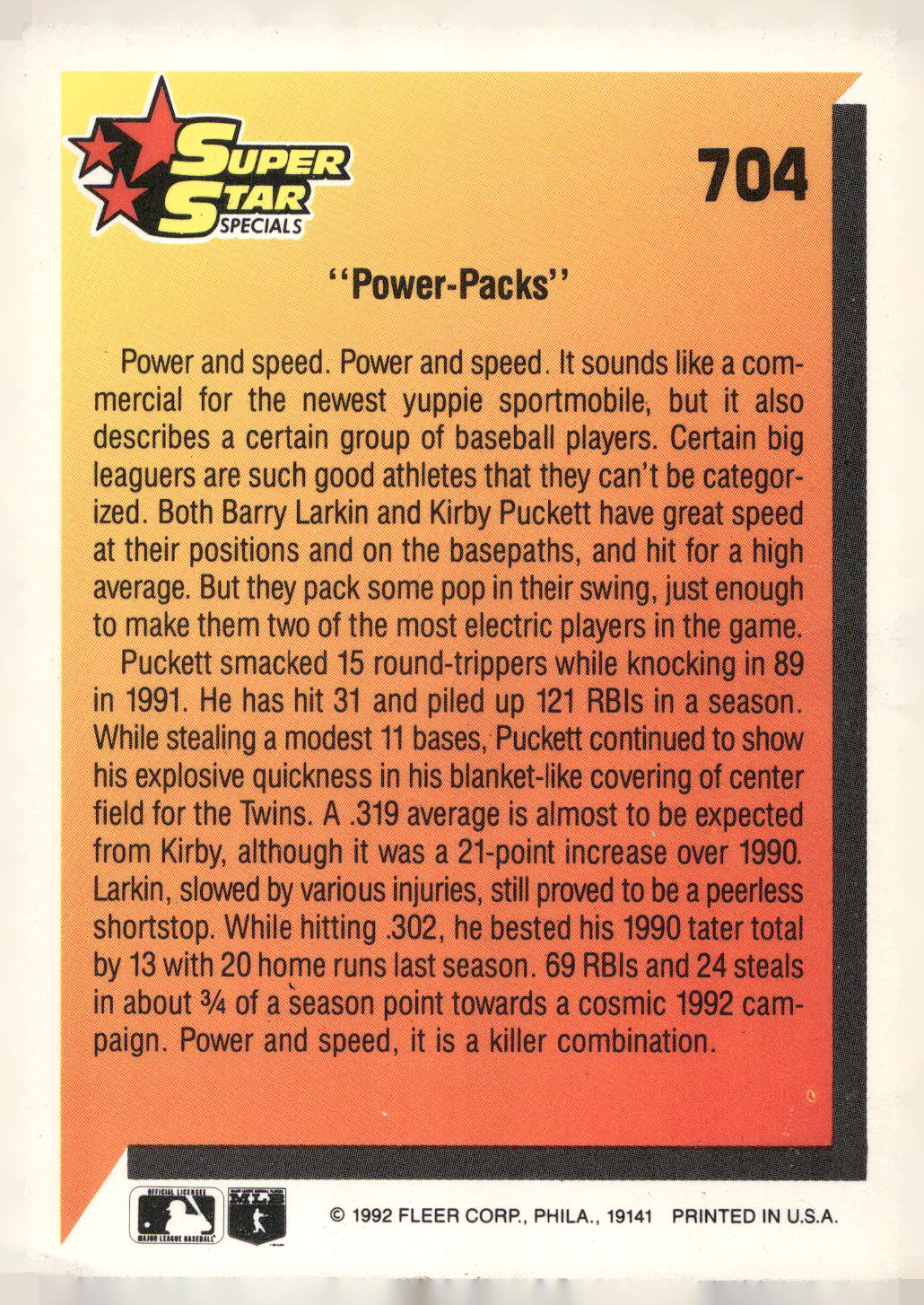 1992 Fleer #704 Power Packs (Barry Larkin / Kirby Puckett)