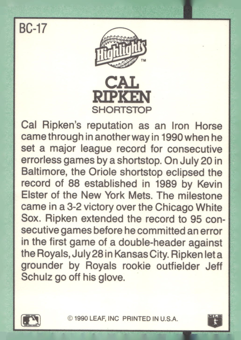 1991 Donruss #BC-17 Cal Ripken Jr. Bonus Cards
