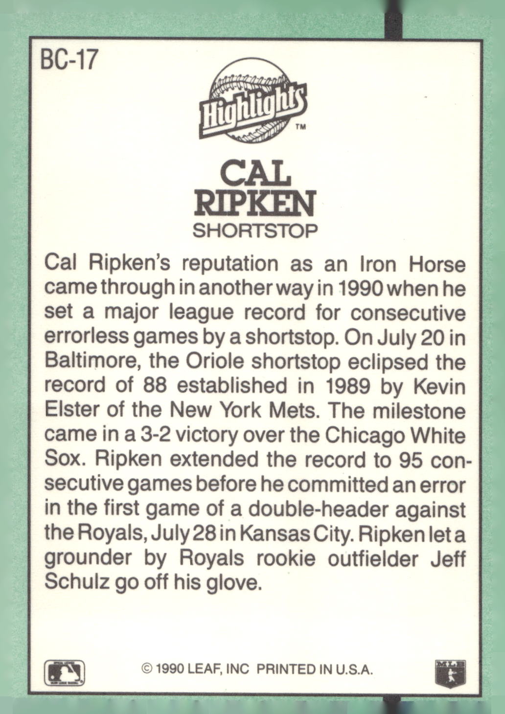 1991 Donruss #BC-17 Cal Ripken Jr. Bonus Cards