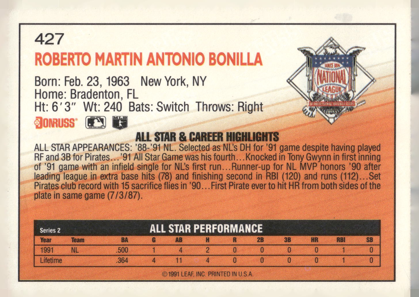 1992 Donruss #427 Bobby Bonilla