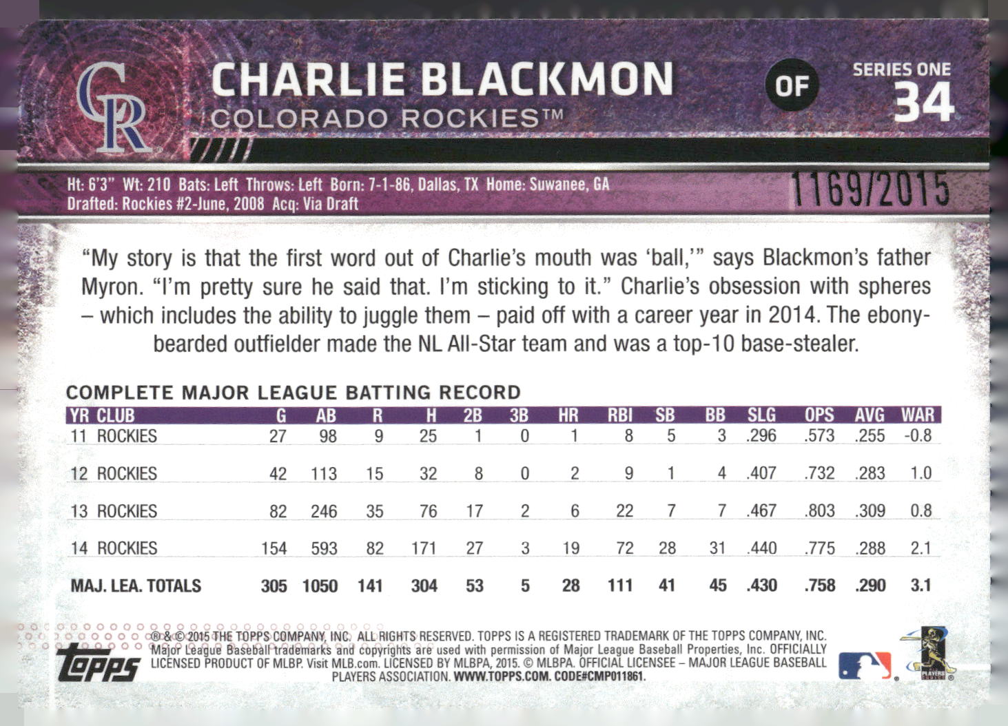 2015 Topps #34 Charlie Blackmon Gold #/2015