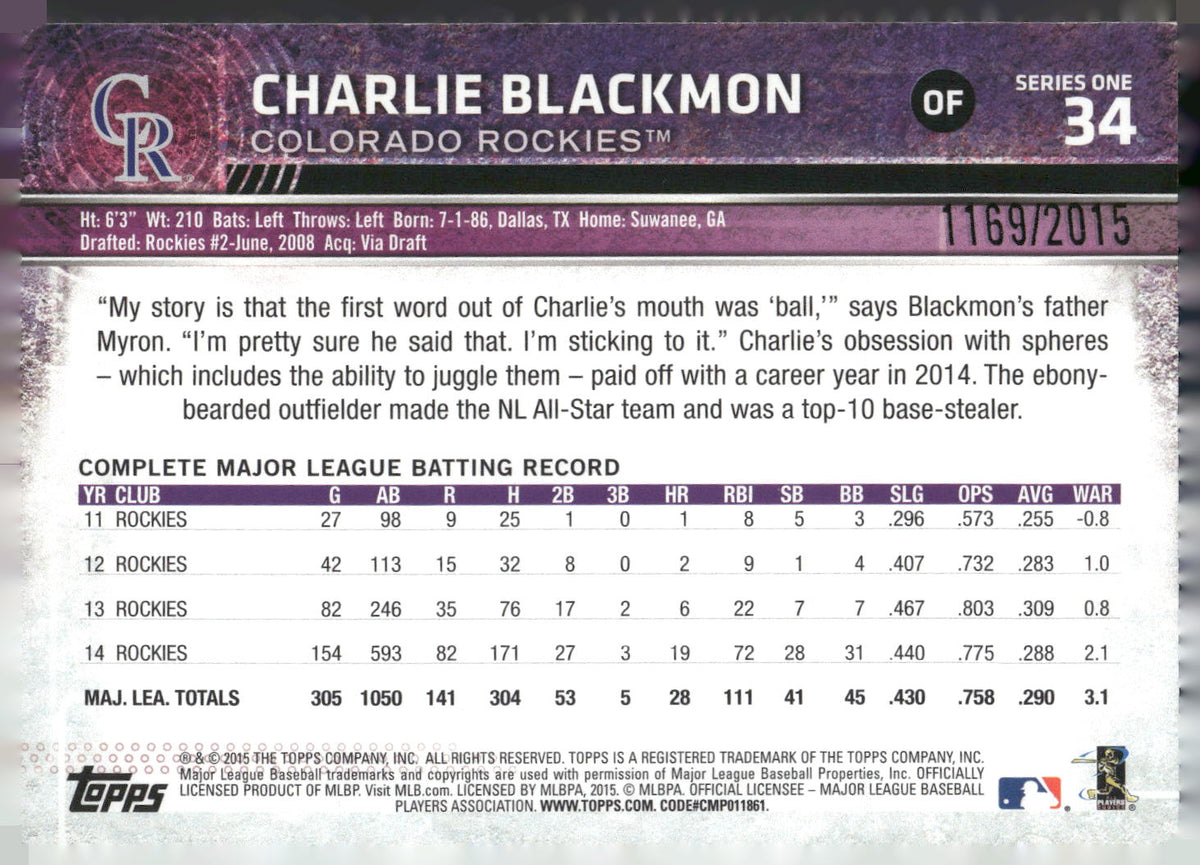 2015 Topps #34 Charlie Blackmon Gold #/2015