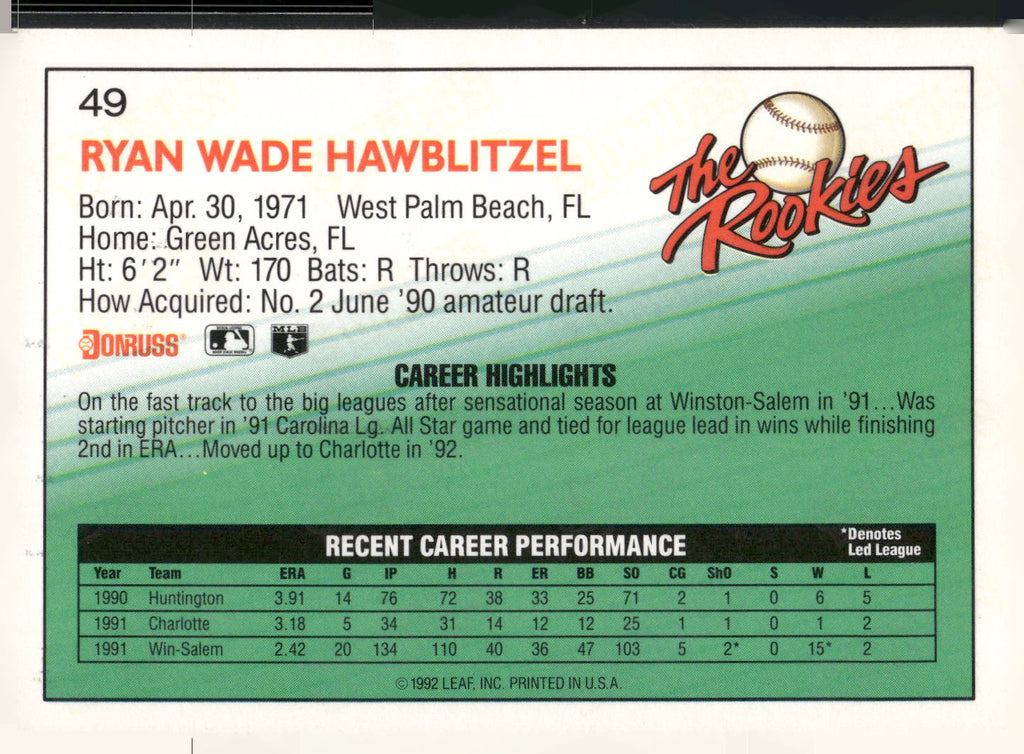 1992 Donruss The Rookies #49 Ryan Hawblitzel