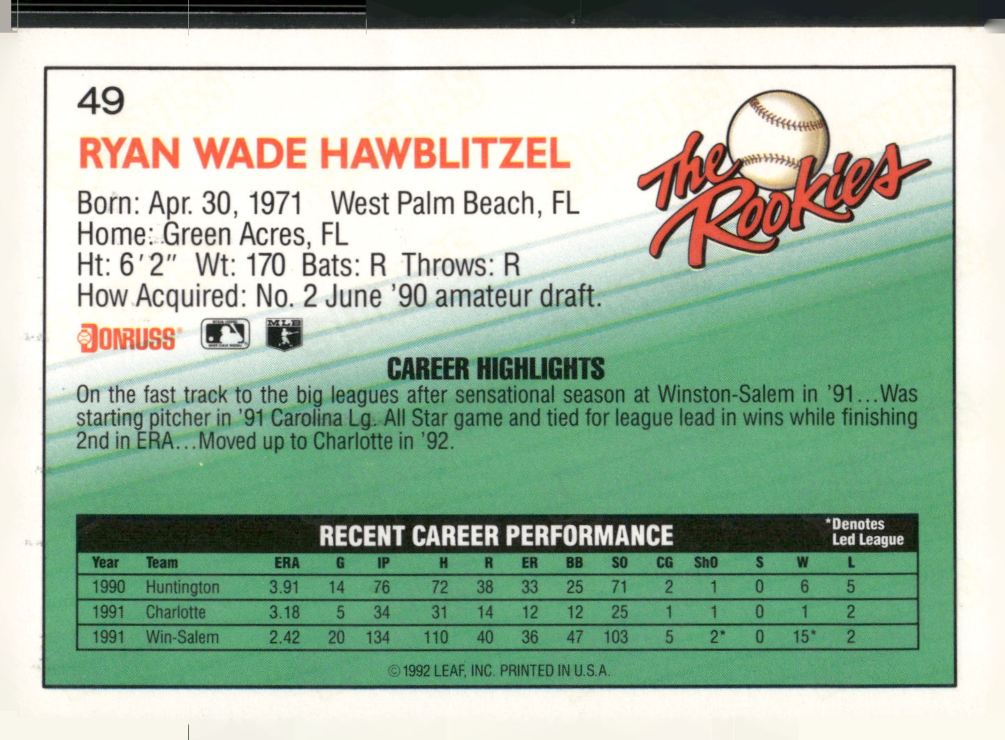 1992 Donruss The Rookies #49 Ryan Hawblitzel