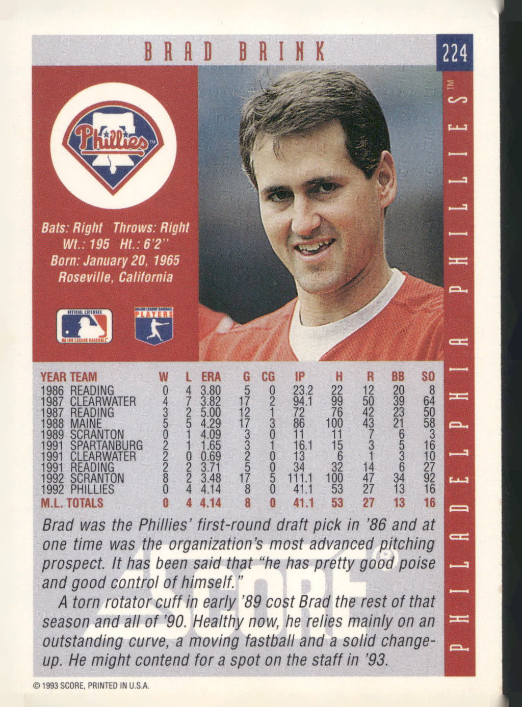 1993 Score #224 Brad Brink