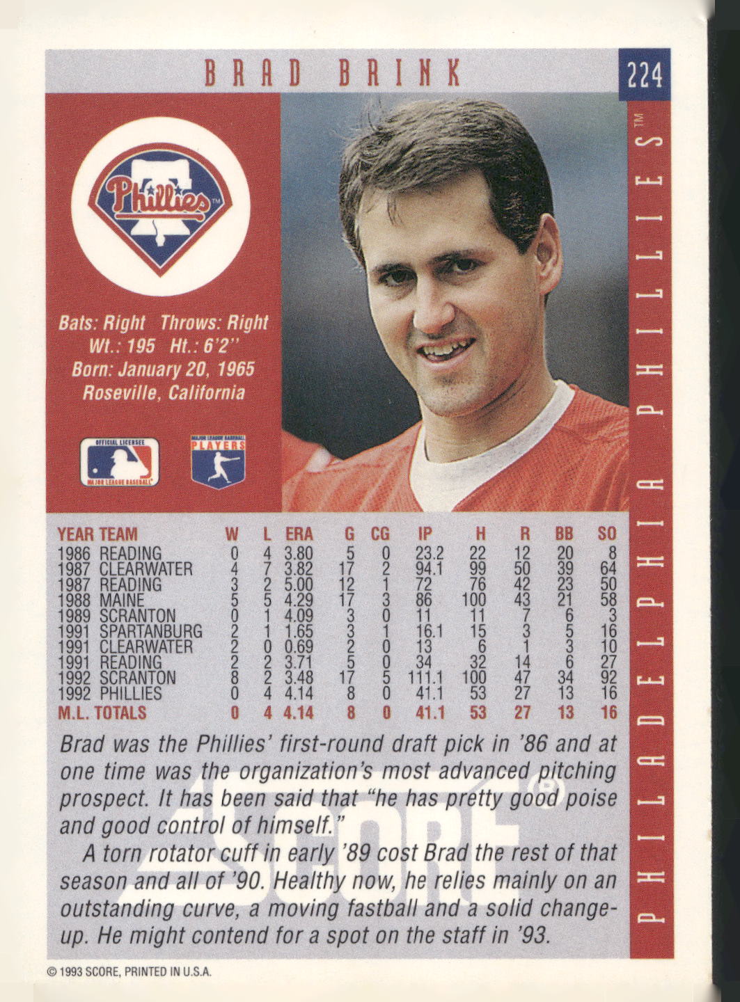 1993 Score #224 Brad Brink