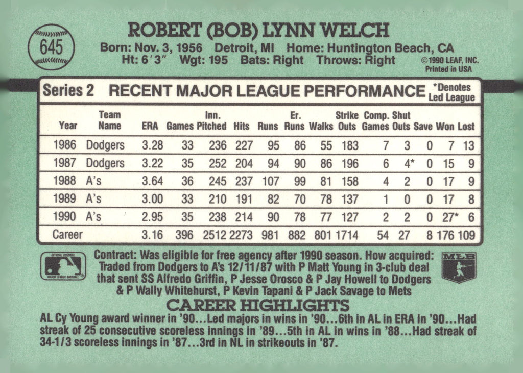 1991 Donruss #645 Bob Welch