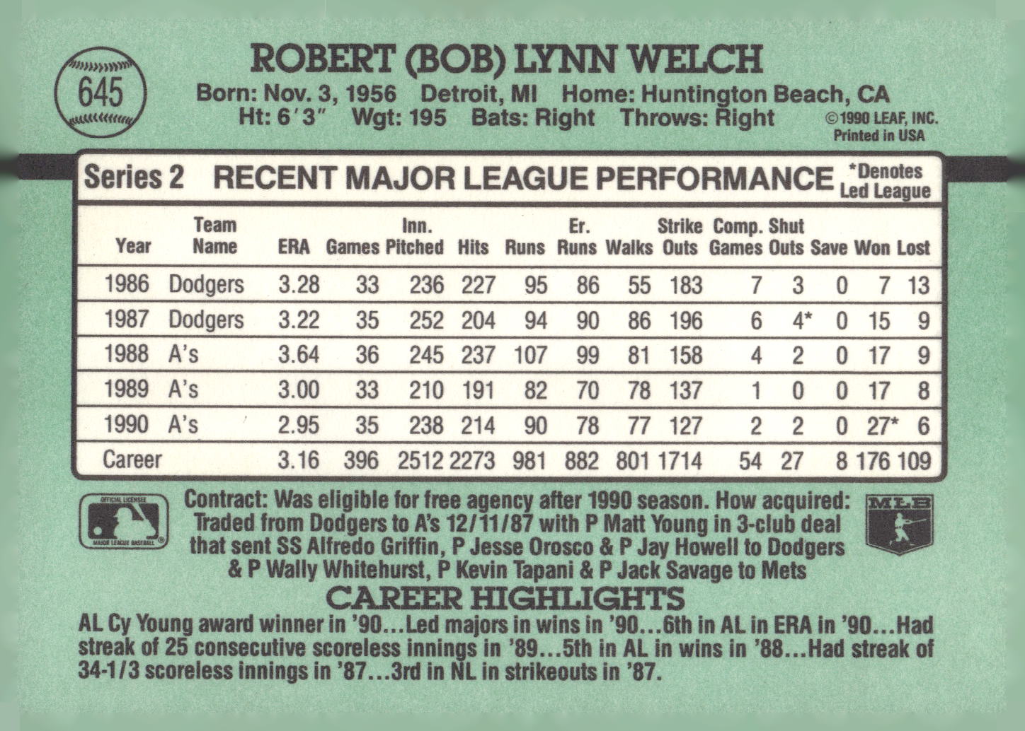 1991 Donruss #645 Bob Welch