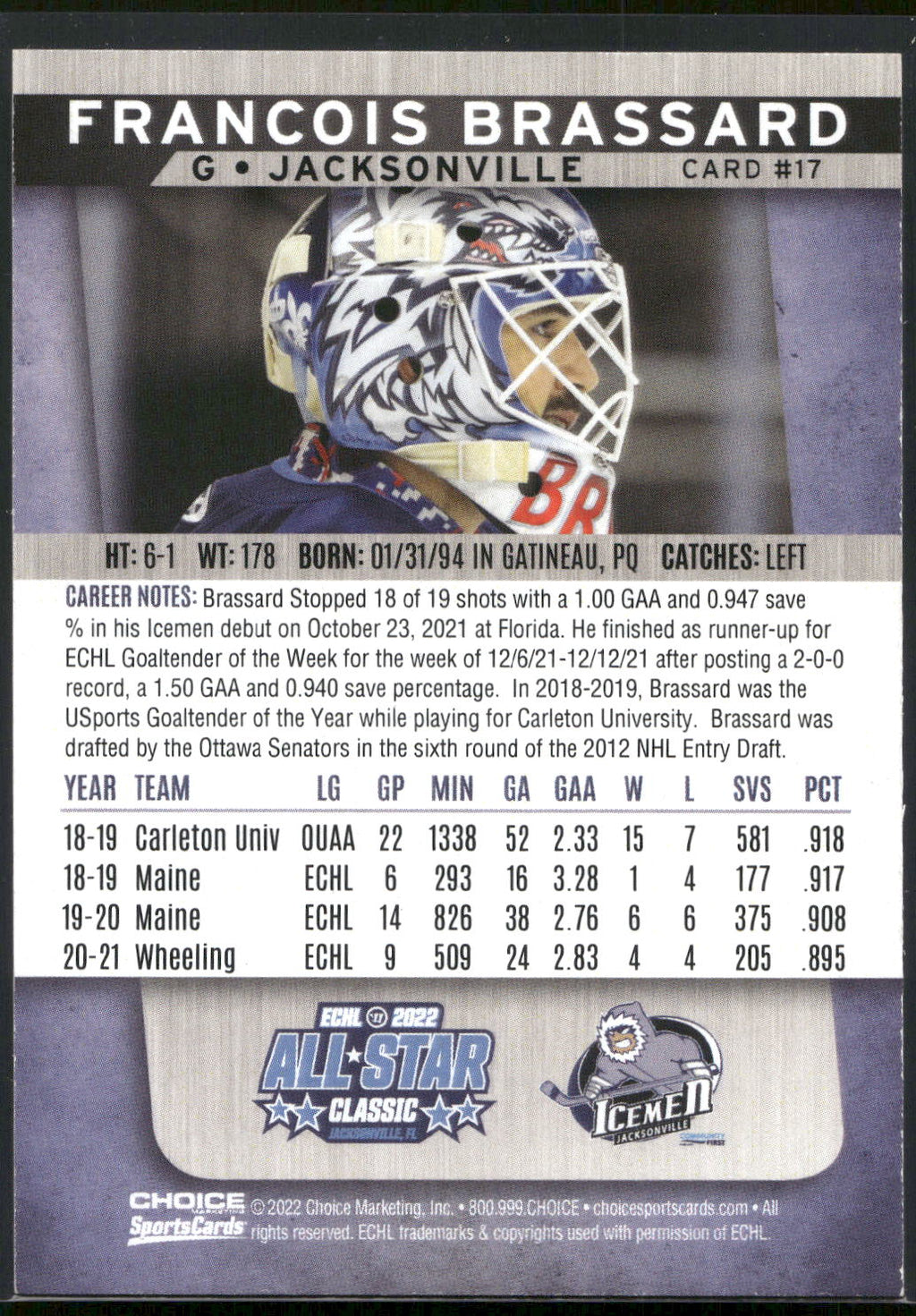 2021-22 Choice Jacksonville Icemen (ECHL) #17 Francois Brassard