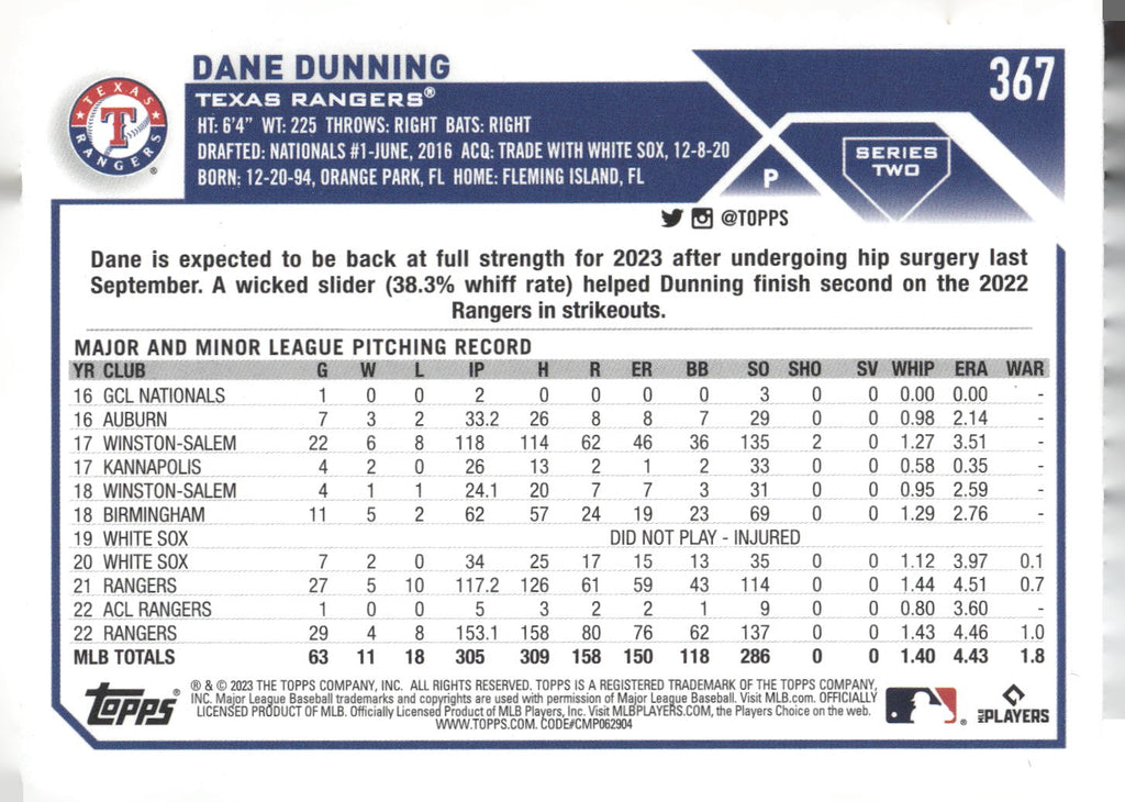 2023 Topps #367 Dane Dunning