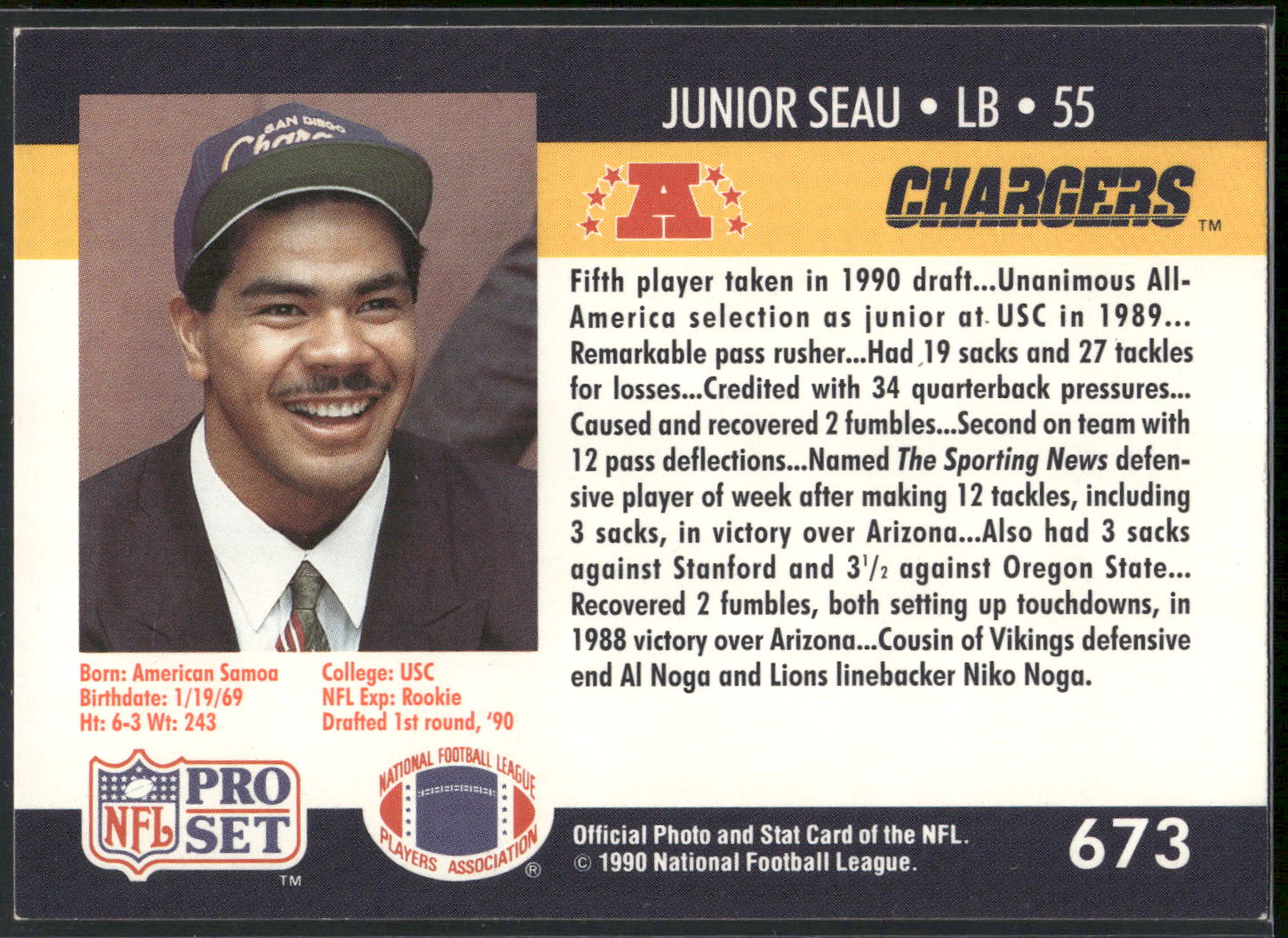 1990 Pro Set #673 Junior Seau