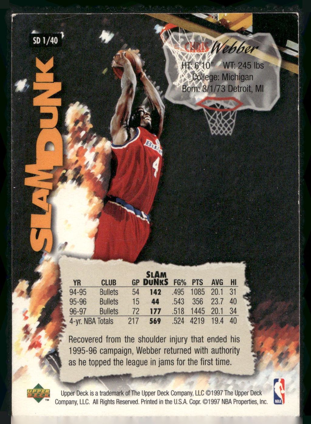 1997 Upper Deck Nestle Slam Dunk #SD1 Chris Webber