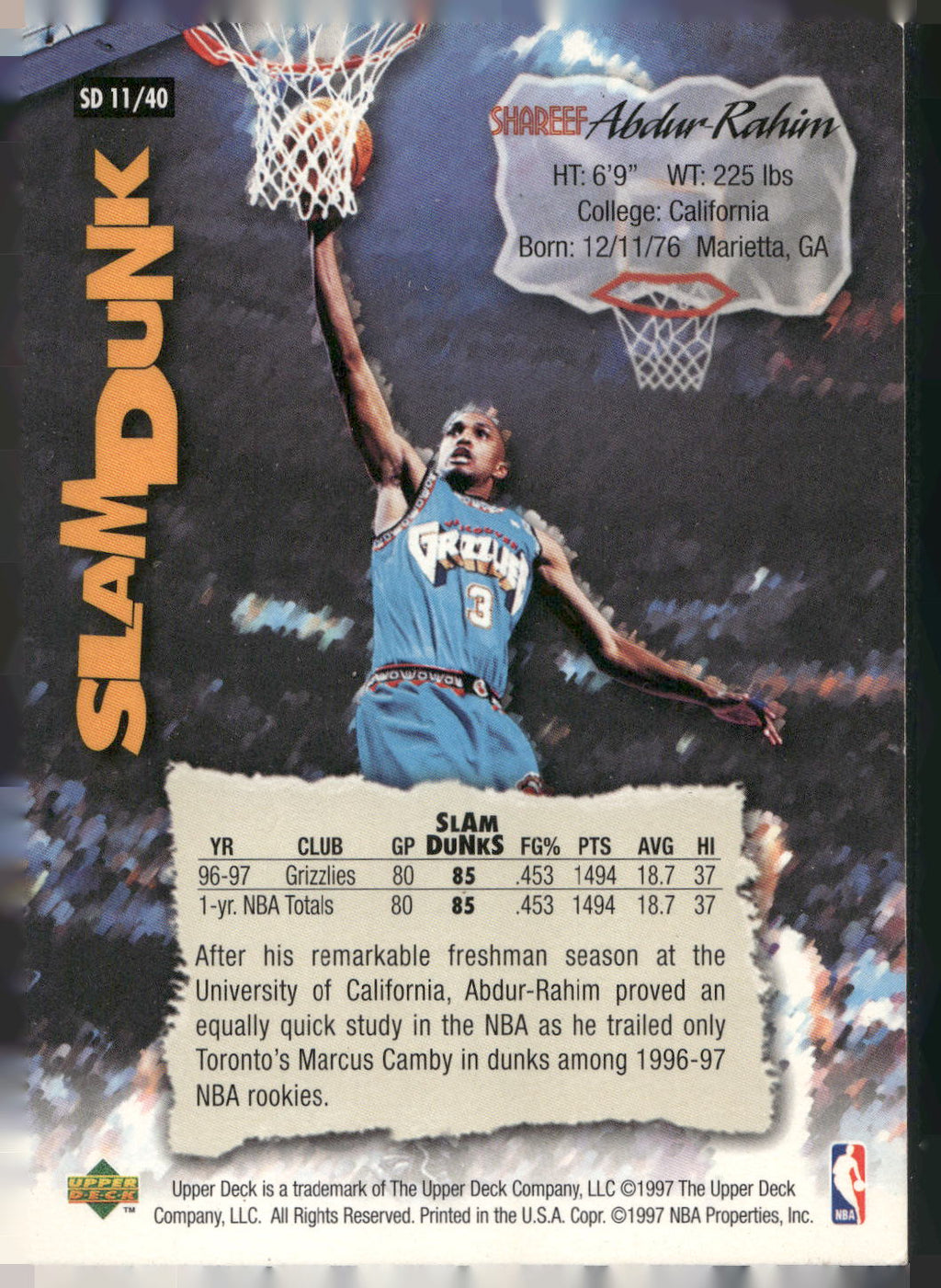1997 Upper Deck Nestle Slam Dunk #SD11 Shareef Abdur-Rahim