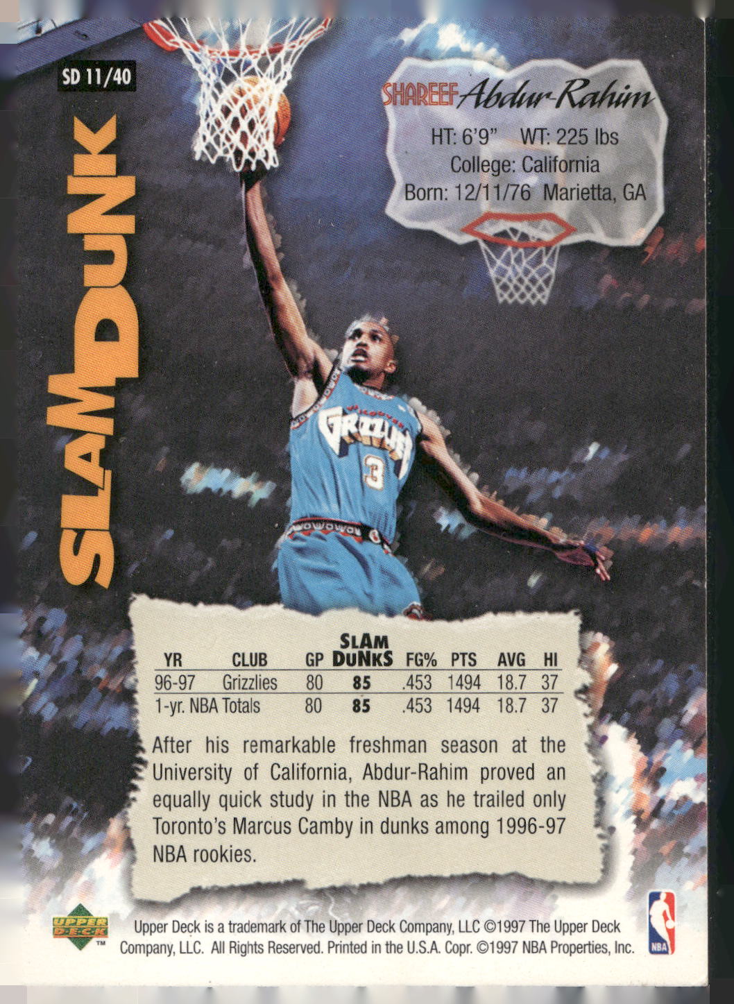1997 Upper Deck Nestle Slam Dunk #SD11 Shareef Abdur-Rahim