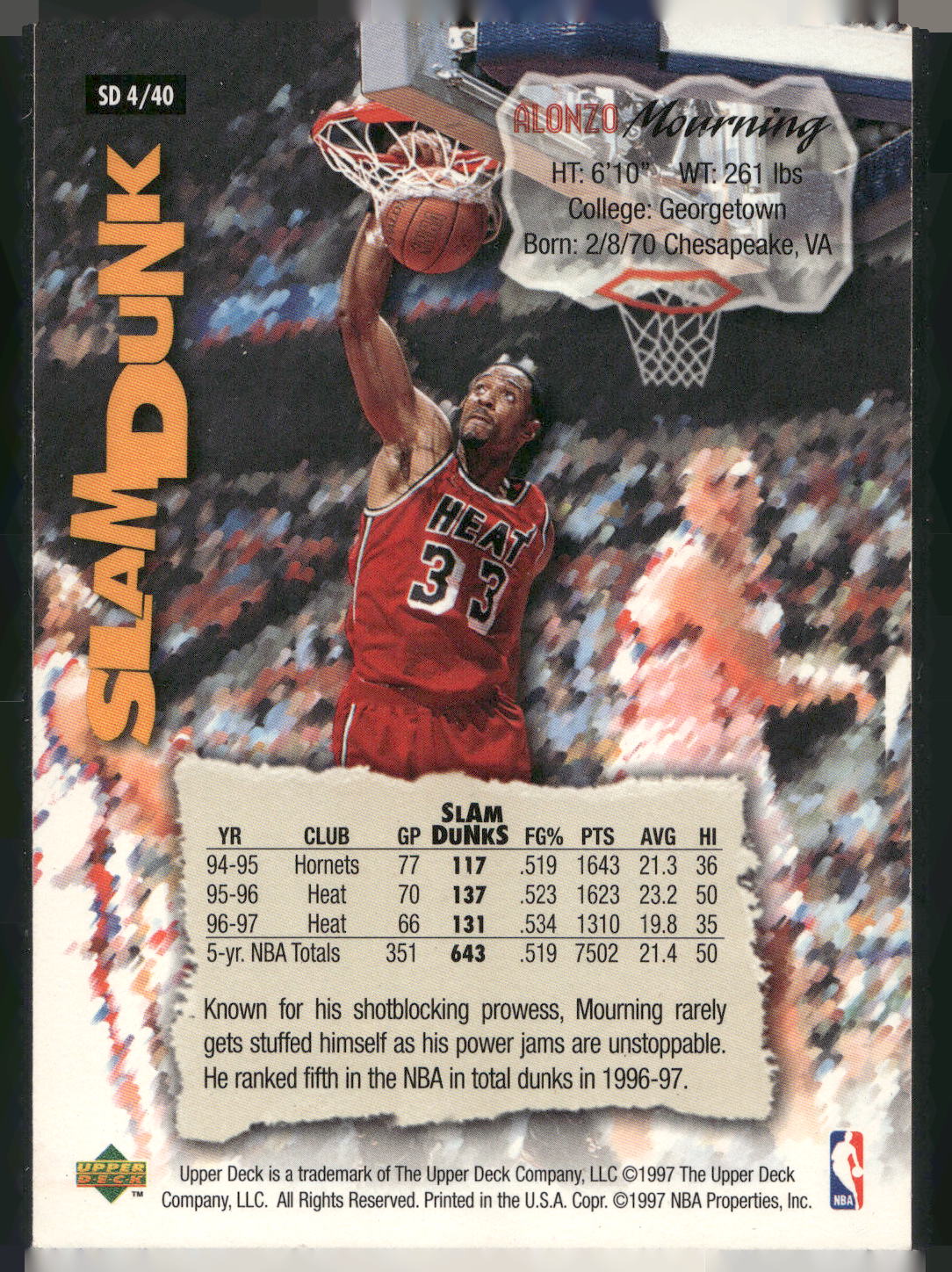1997 Upper Deck Nestle Slam Dunk #SD4 Alonzo Mourning