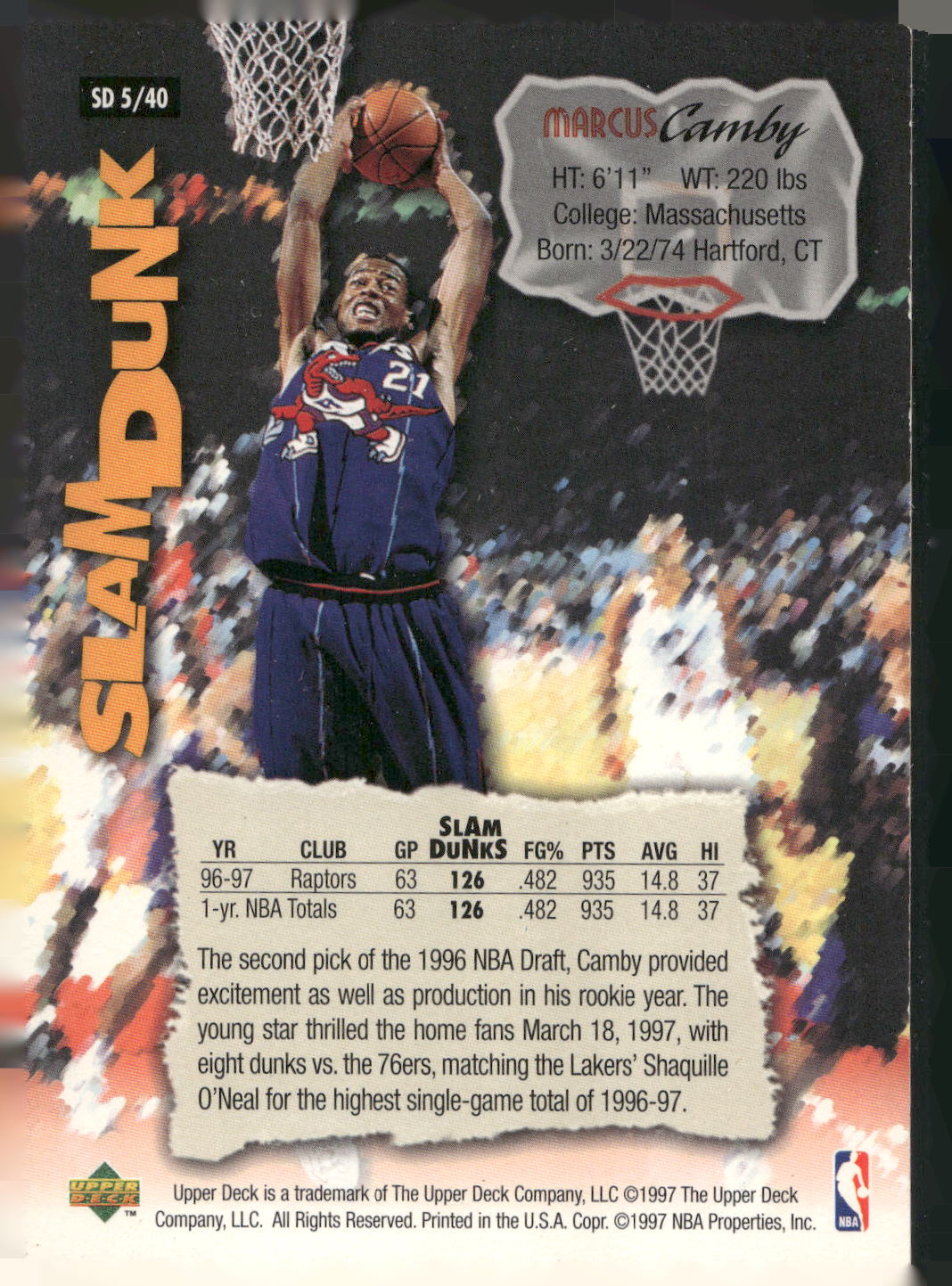 1997 Upper Deck Nestle Slam Dunk #SD5 Marcus Camby
