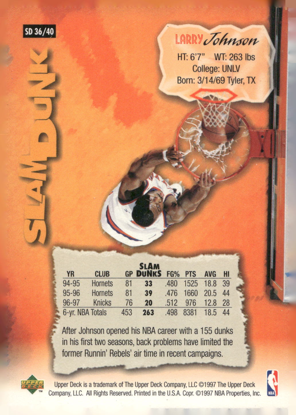 1997 Upper Deck Nestle Slam Dunk #SD36 Larry Johnson