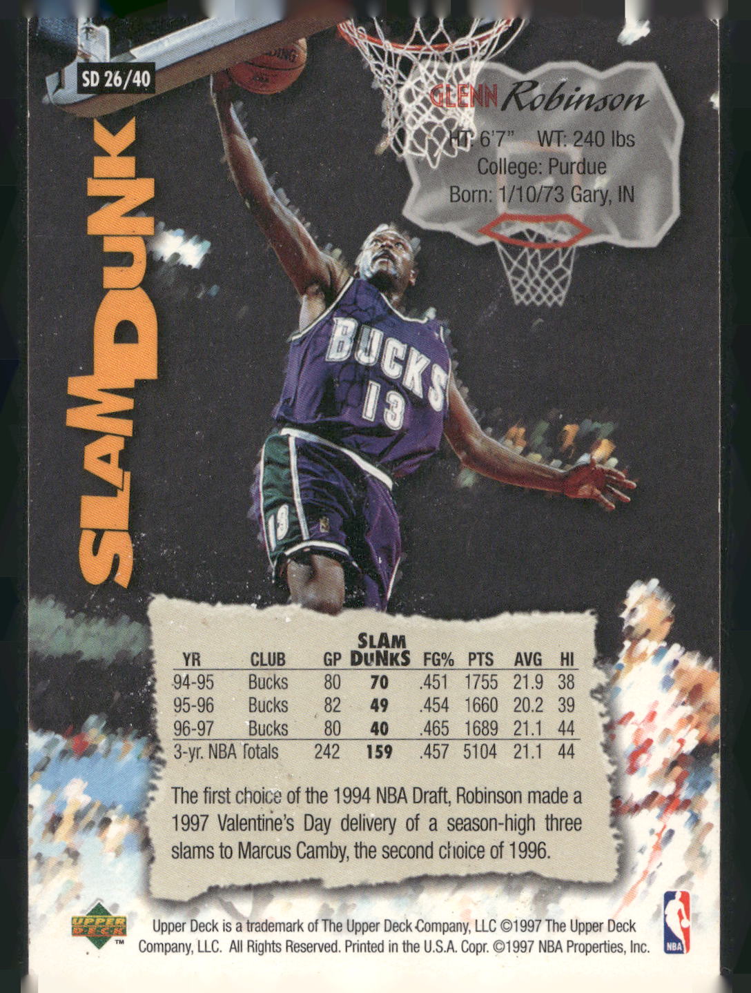 1997 Upper Deck Nestle Slam Dunk #SD26 Glenn Robinson
