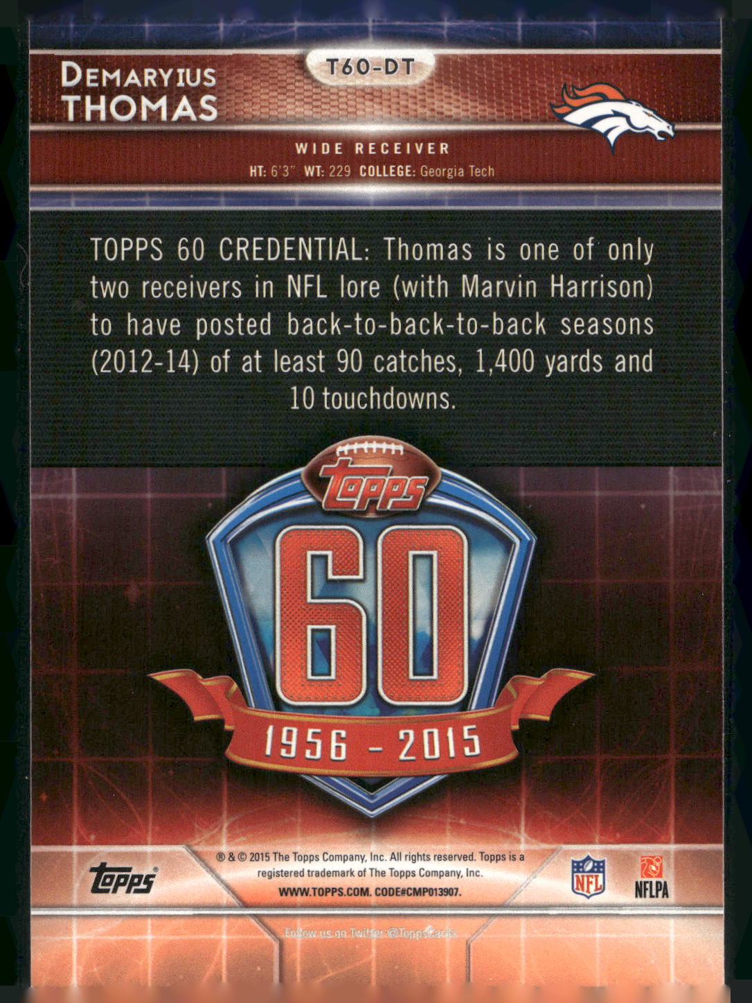 2015 Topps #T60-DT Demaryius Thomas 60th Anniversary