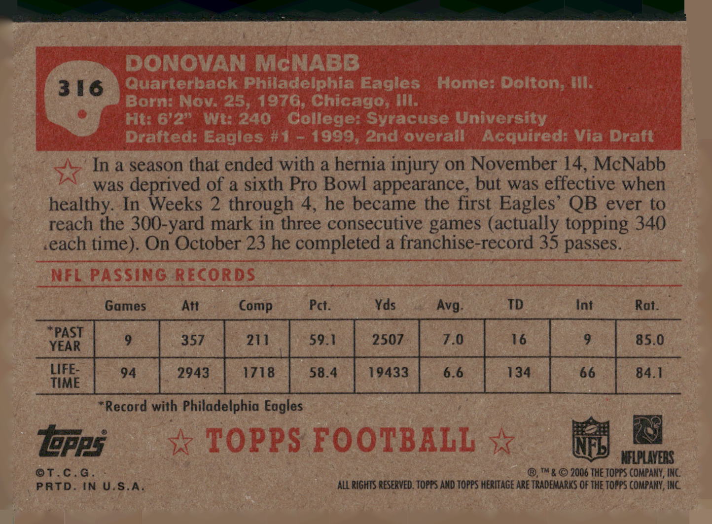 2006 Topps Heritage #316 Donovan McNabb