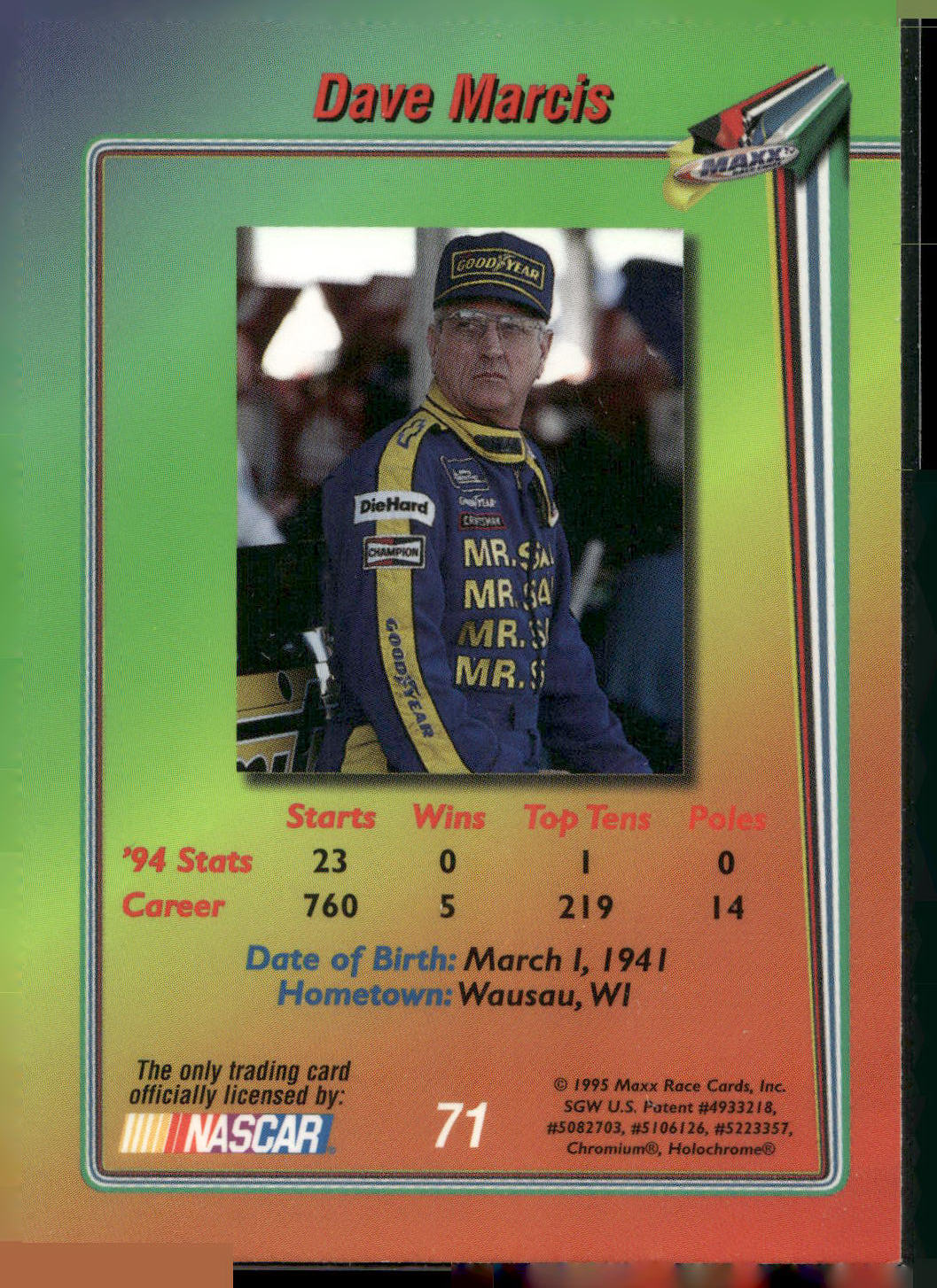 1995 Maxx Premier Plus #71 Dave Marcis