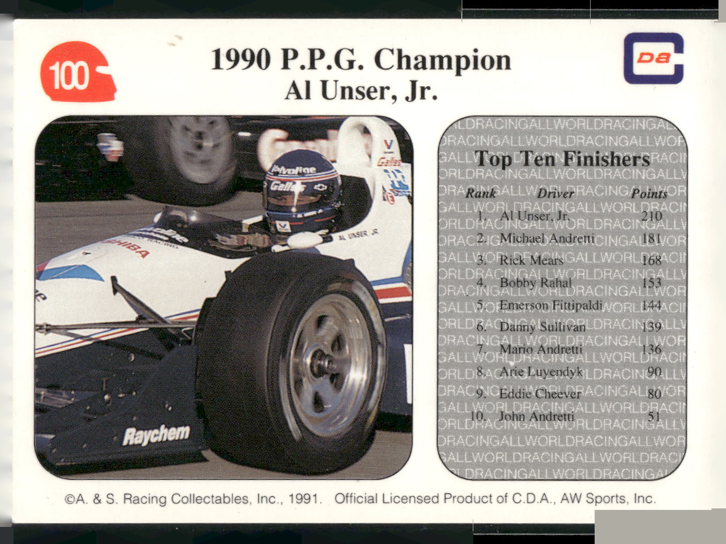 1991 All World #100 1990 P.P.G. Champion Al Unser, Jr.