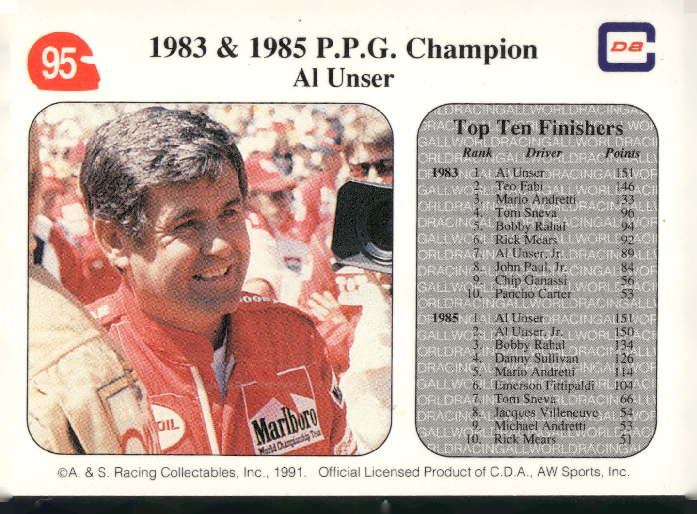 1991 All World #95 1983 & 1985 P.P.G. Champion Al Unser